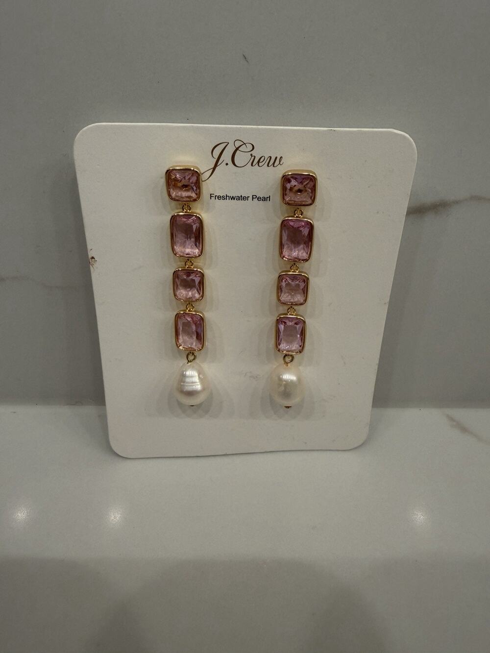 J.Crew Pink Crystal Freshwater Pearl Long Dangle Drop Earrings Gold Tone